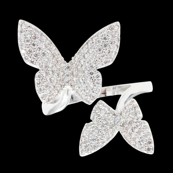 NWT CZ Butterfly Adjustable Ring Silver Plated - Picture 1 of 3